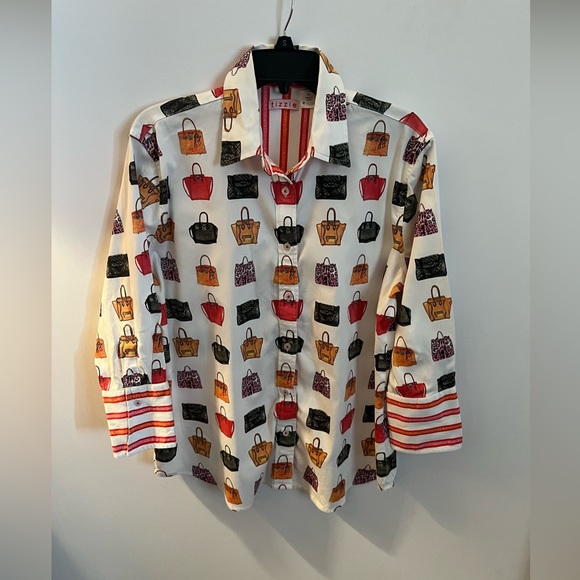 Tizzie Tops - TIZZIE COLORFUL PURSES LONG SLEEVE BUTTON DOWN BLOUSE